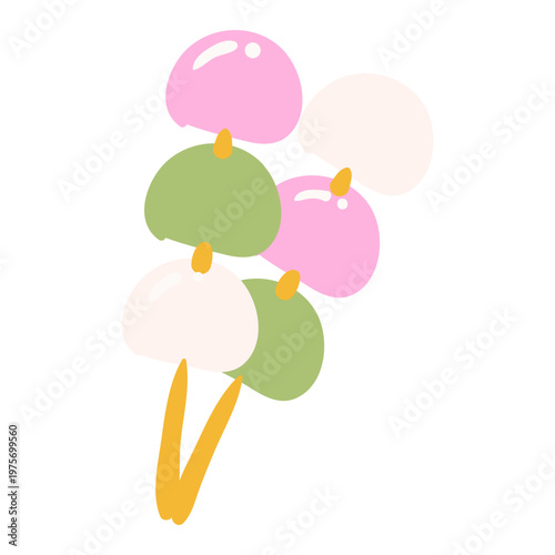 Hand drawn japanese dango dessert on wooden sticks. Vector doodle illustration of tricolor mochi rice dumplings (hanami dango) isolated on white background for cafe menu.