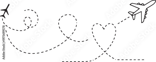 Airplane Flight Path with Heart and Dashed Line Loops