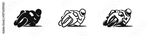 Motorcycle racer icon set. Sport bike, speed, and racing symbol in solid, line, and hand-drawn styles.