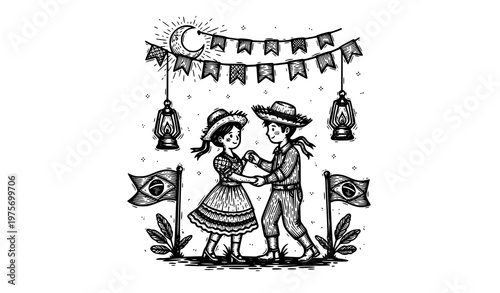 Festa Junina dancing couple woodcut style moonlight celebration Brazilian vector illustration