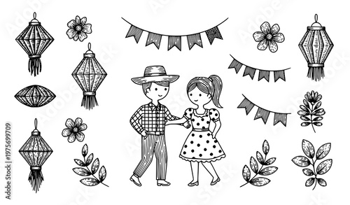 Minimal Festa Junina woodcut style dancing couple and festival elements vector illustration set