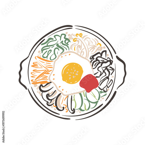 Hand drawn korean bibimbap rice bowl with fried egg, vegetables and gochujang. Vector doodle illustration of traditional asian meal isolated on white background for restaurant menu.