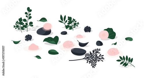 A minimalist flat lay composition featuring scattered green leaves, pink and dark grey pebbles, and small dark textured objects on a white background.