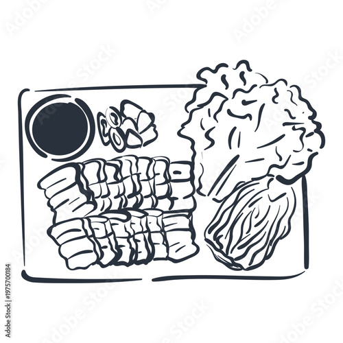 Hand drawn korean boiled pork belly set (bossam). Vector line art illustration of sliced meat with kimchi, garlic, ssamjang sauce and lettuce leaves isolated on white background.
