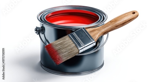 Painting Essentials: A close-up shot of a paint can, brimming with vibrant red paint, accompanied by a paint brush. Emphasizing creativity, design, and DIY projects.