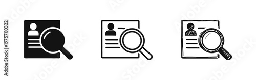 Document search icon set. Resume, application, or data analysis symbol with magnifying glass in solid, line, and hand-drawn styles.