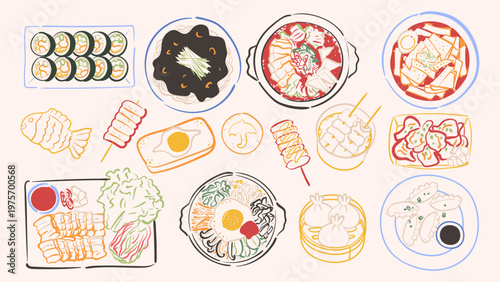 Big set of korean food and street food in ink line art style. Colorful doodle illustration of bibimbap, kimbap, tteokbokki, ramen, mandu dumplings and kimchi isolated for restaurant menu design.