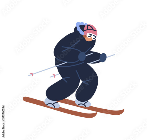Rider is skiing in mountains. Athlete is racing on snow slope. Skier rides fast on resort. Person in sportswear does winter sport in Alps. Flat isolated vector illustration on white background