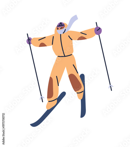 Skier with sticks in hands rides in mountains. Rider is skiing on snow slope with poles. Athlete in sportswear does winter sport in Alps. Flat isolated vector illustration on white background
