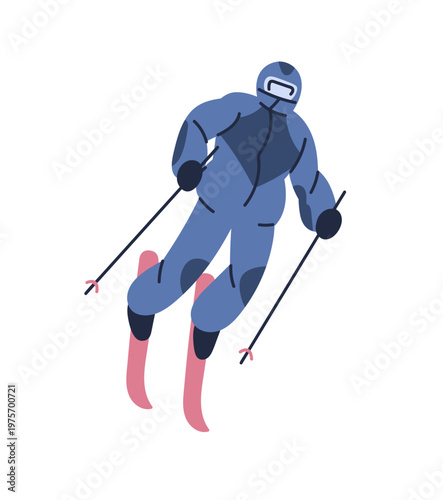 Skier with goggles and sticks rides on snow slope. Rider with poles in hands is skiing in mountains. Athlete with equipment does winter sport. Flat isolated vector illustration on white background