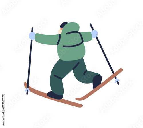 Person is skiing in mountains back view. Athlete in outerwear with equipment does winter sport on resort. Rider, skier rides on snow slope. Flat isolated vector illustration on white background