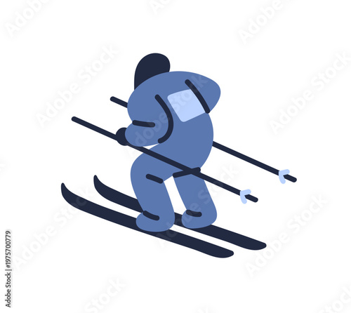 Athlete is skiing on snow slope back view. Skier rides in mountains. Rider does extreme winter sport on downhill. Active vacations in Alps. Flat isolated vector illustration on white background