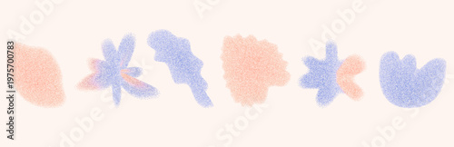 Coral and blue flower and leaves grain gradient shapes. Gentle florals set with soft blurry pastel naive colors. Organic noise trendy icons for y2k design. Vector grainy wildflowers forms on beige bg.