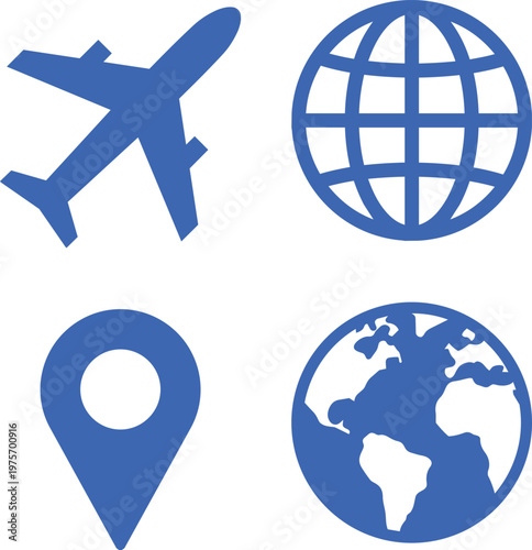 Journey icons set. Airplane icon. World map and Globe. Plane pictogram. Flight iconDesign for travel agency. Travel tourism, flight pictogram