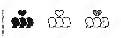 Group of people with heart icon set symbolizing love and teamwork in various styles