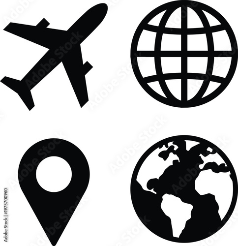 Travel symbols. Airplane icon. World map and Globe. Plane pictogram. Flight icon