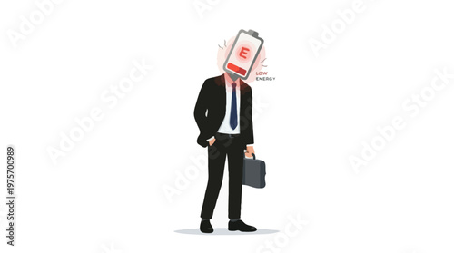 Businessman with Low Battery Head Mental Fatigue Concept