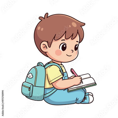 A young boy with a backpack writes in a notebook while sitting on the floor.