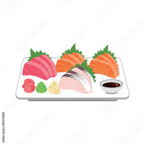 A plate of sushi with salmon and tuna sashimi on a white rectangular plate with soy sauce