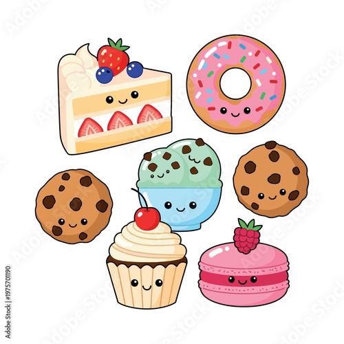Illustration of various sweet treats arranged on a white background with smiling faces