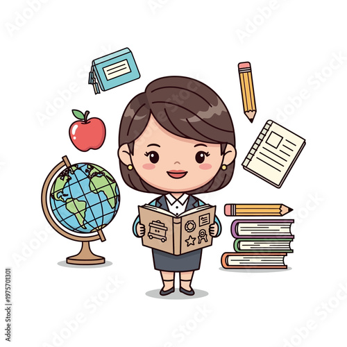 A smiling teacher holding a book surrounded by educational objects like a globe and books.