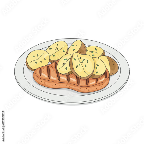 Grilled sausage served with sliced potatoes on a plate for lunch.