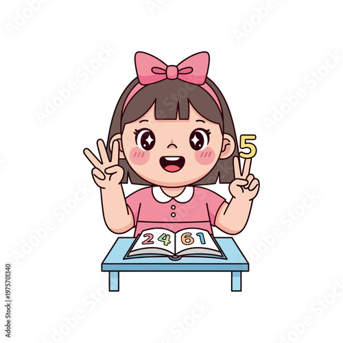 Young girl sitting at a small table reading a book with numbers, making peace signs with both hands, wearing a pink dress and headband.