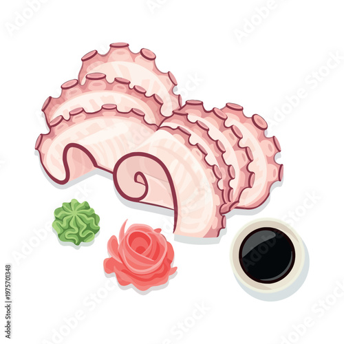 Sushi chef prepares octopus sashimi with wasabi ginger and soy sauce on plate.