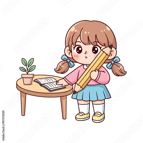 Young girl standing beside table holding large pencil and looking at open book with puzzled expression in cartoon illustration