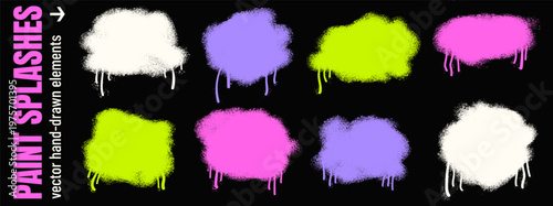 Neon spray paint splashes with drip on black background for street art design. Bright paint spot patches in purple and fuchsia sprayed colors. Vibrant vector shapes for urban poster, frames and merch.