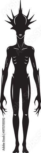 Alien creature silhouette vector illustration with spiky head and thin limbs transparent