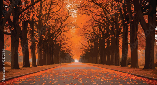 Autumn Road with Orange Trees and Fallen Leaves Vector