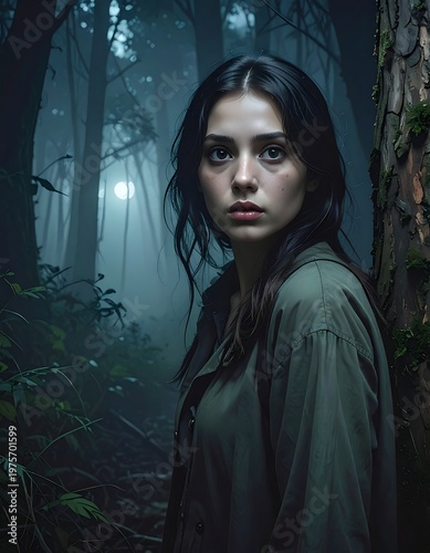 A young woman stands in a dark forest with a tree beside her