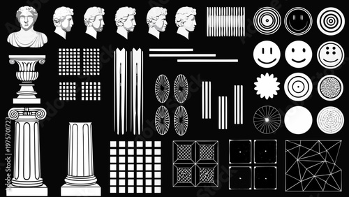 Classical busts geometric shapes and abstract designs on a black background