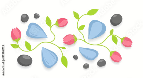 Flat lay of spa stones, gua sha tools, and pink flower buds on a white background, evoking relaxation and beauty.