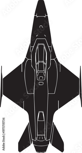 Modern stealth fighter jet vector silhouette illustration with detailed line art design
