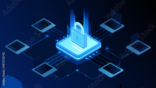 Cybersecurity network with a central glowing padlock and connected devices