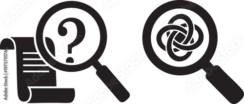Black and white illustration of magnifying glasses a scroll and question marks representing investigation and discovery