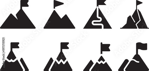 Mountain icon. Success and goals icons set. Leadership achievement vector. mountain range with flag on the highest peak. twin peaks, mountain climber