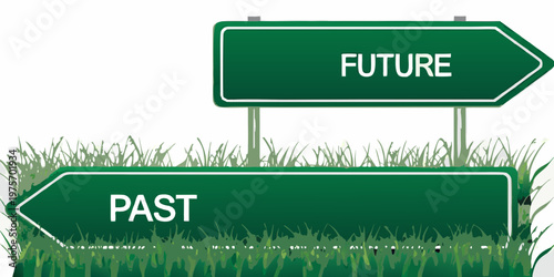 Directional signs point toward the future and the past on grass