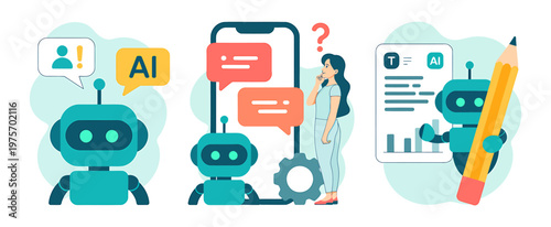 Ai robot assisting a person with mobile app interaction and data analysis artificial intelligence interaction analysis technology smartphone communication illustration assistance innovation