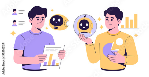 Man holding a globe with a robot inside technology and AI concept artificial intelligence flat design technology illustration innovation research development business strategy character