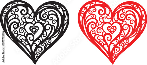 Intricate heart designs a dichromatic exploration of love and artistry in black and red