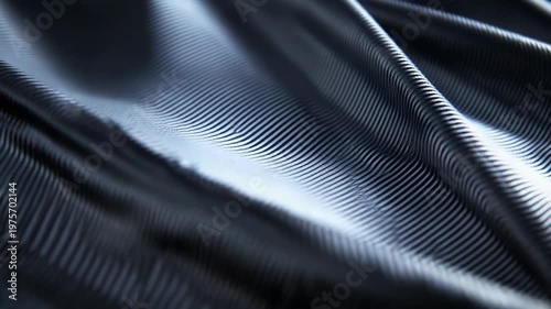 Dark metallic fabric creating an abstract wavy surface with a futuristic digital pattern, highlighting concepts of technology, texture, and elegant movement