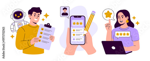 People rating services and products with stars and robots flat design feedback services products illustration satisfaction customer experience evaluation decision business technology