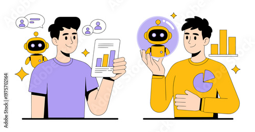 Man interacting with a robot via smartphone technology and AI artificial intelligence flat design smartphone technology interaction illustration communication innovation business connection