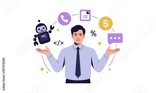 Businessman juggling tasks with robot assistant and technology icons artificial intelligence businessman juggling assistant technology business workflow management efficiency automation