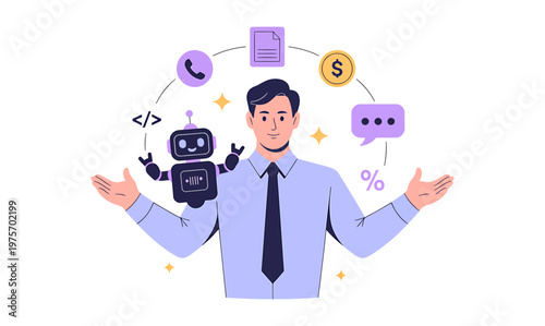 Businessman juggling tasks with robot assistant and technology icons artificial intelligence businessman juggling assistant technology business workflow management efficiency automation