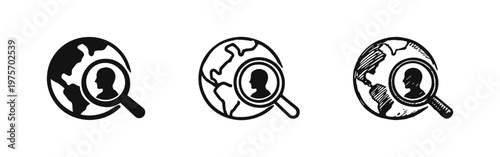 Global Talent Search Icon Set - Magnifying Glass and Person on Globe