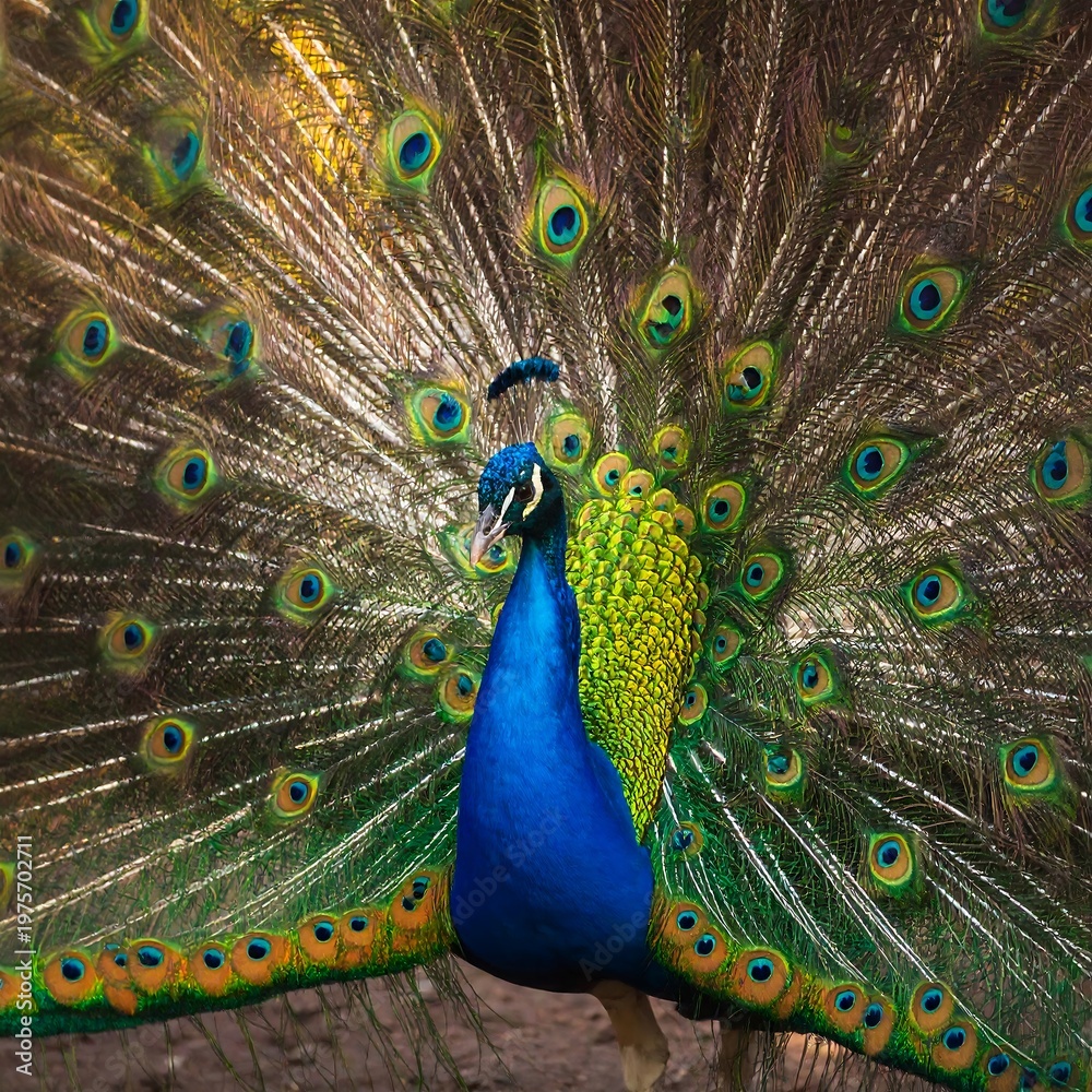 Obraz premium A vibrant peacock displaying its colorful plumage